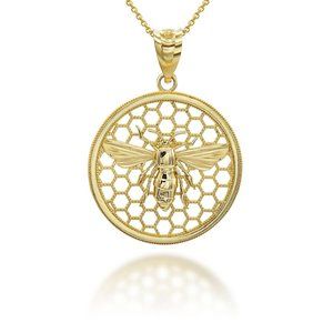 14K Solid Gold Queen Bee Honey Comb Pendant Necklace - Yellow, Rose, or White